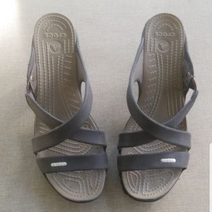 Crocs Sandals Heel Open Peep Casual Comfort Brown Cushion Slip On